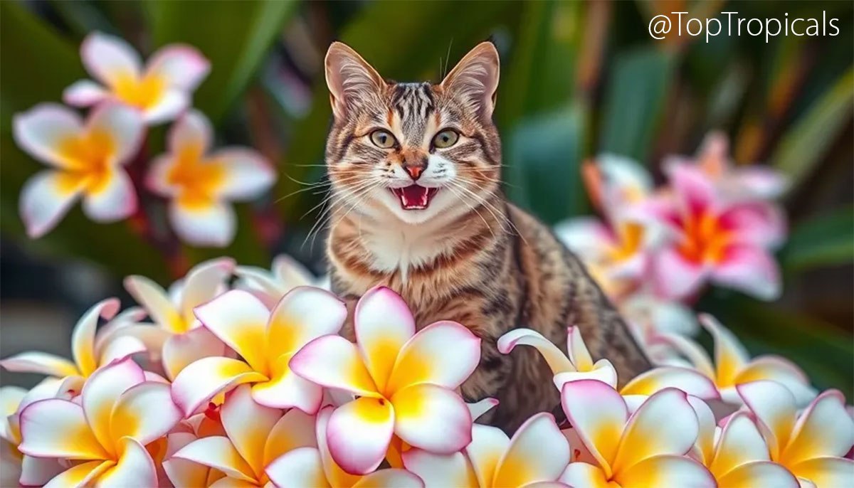 Plumeria flowers, frangipani, and a cat