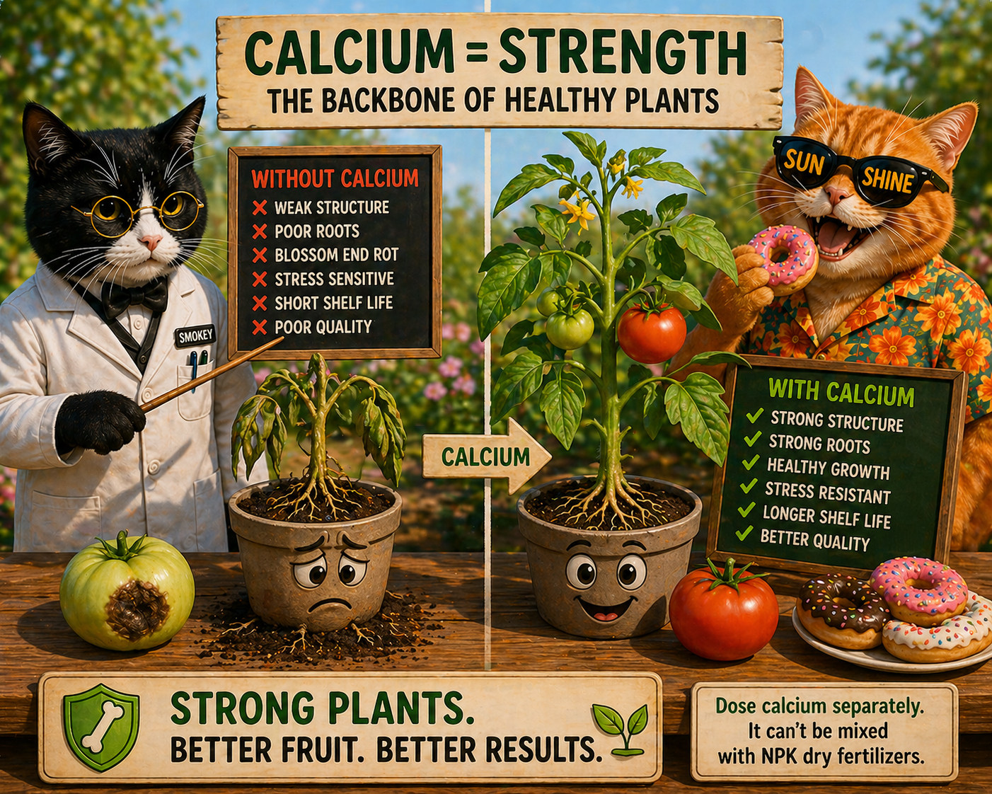 Smokey and Sunshine explaining calcium for stronger plants
