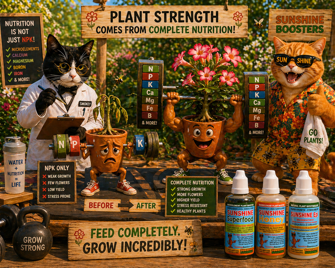 Smokey and Sunshine showing the full Sunshine Boosters formula lineup
