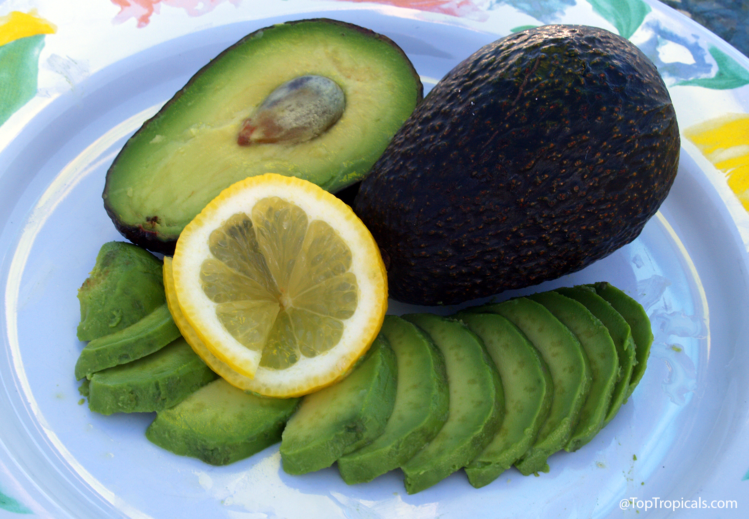 A plate of sliced avocado with a whole fruit, a cut half, and a lemon garnish