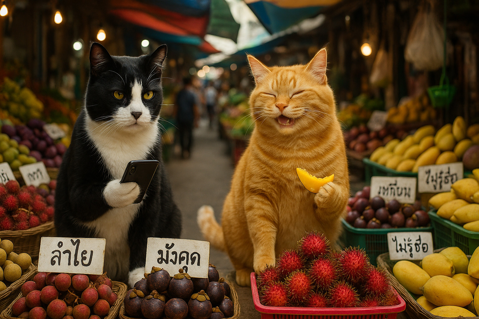 Smokey and Sunshine walking through an Asian fruit market with Thai fruit labels