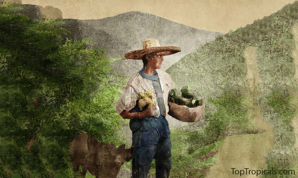 Painting of a shepherd in a valley holding guanabana fruit 