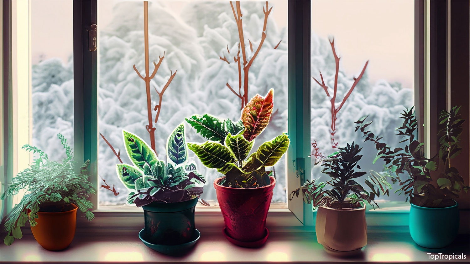 Tropical Plants on Winter Windowsill