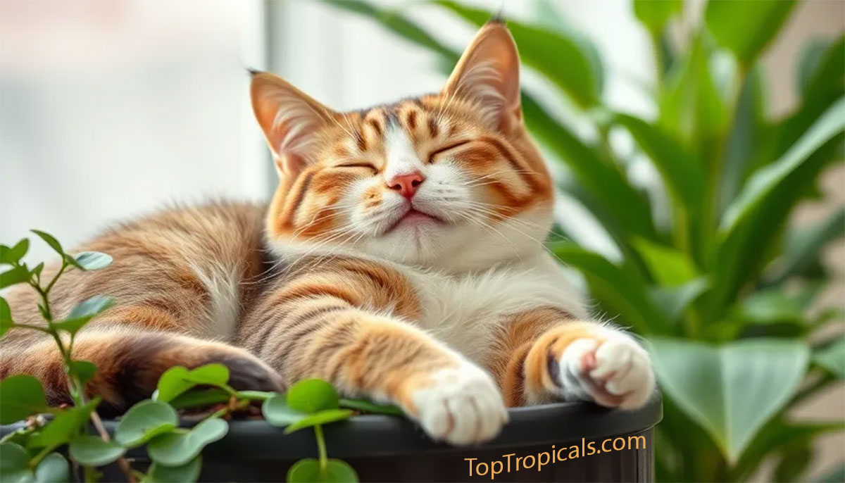 Cat sleepng on houseplant