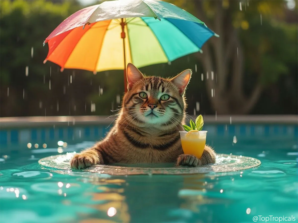 Cat in the pool with umbrella