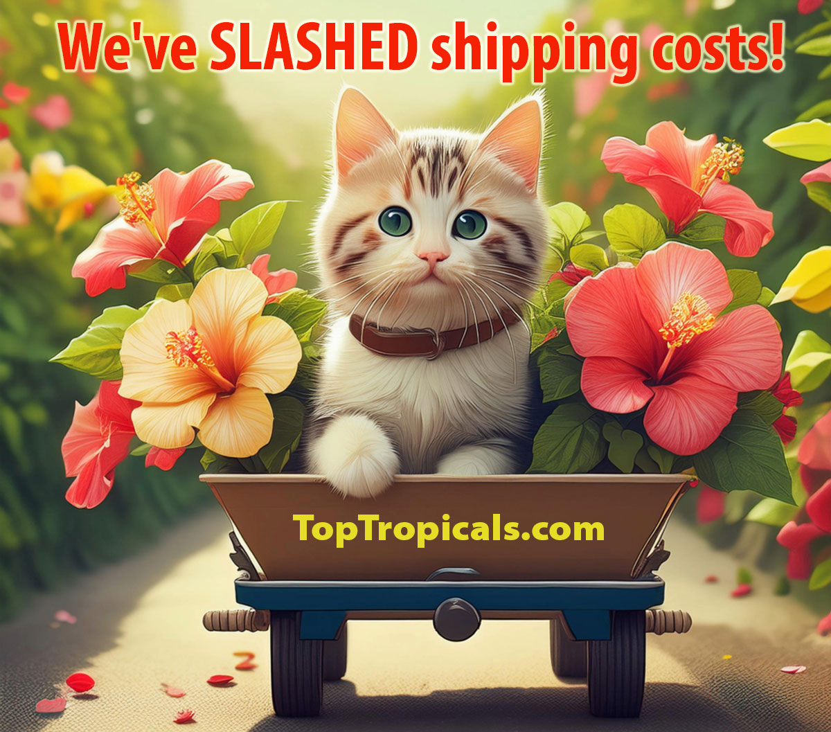 Cat shipping plants in a cart