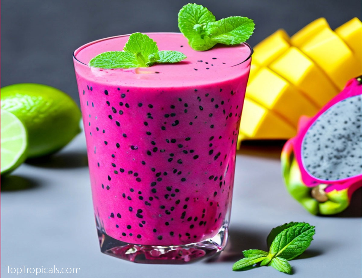 Dragon fruit pink smoothie with lime, mint, mango and banana