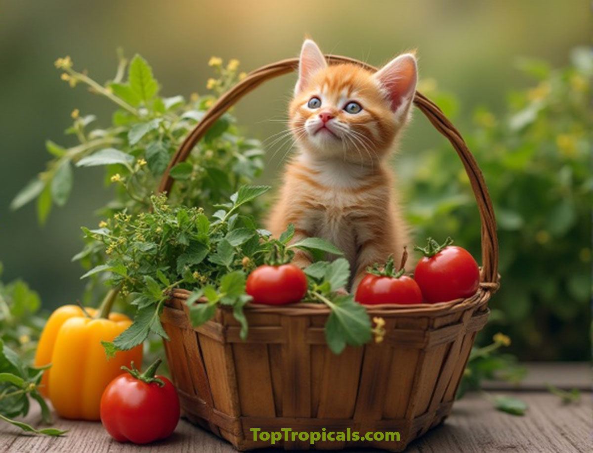 Kitten with veggies in a basket