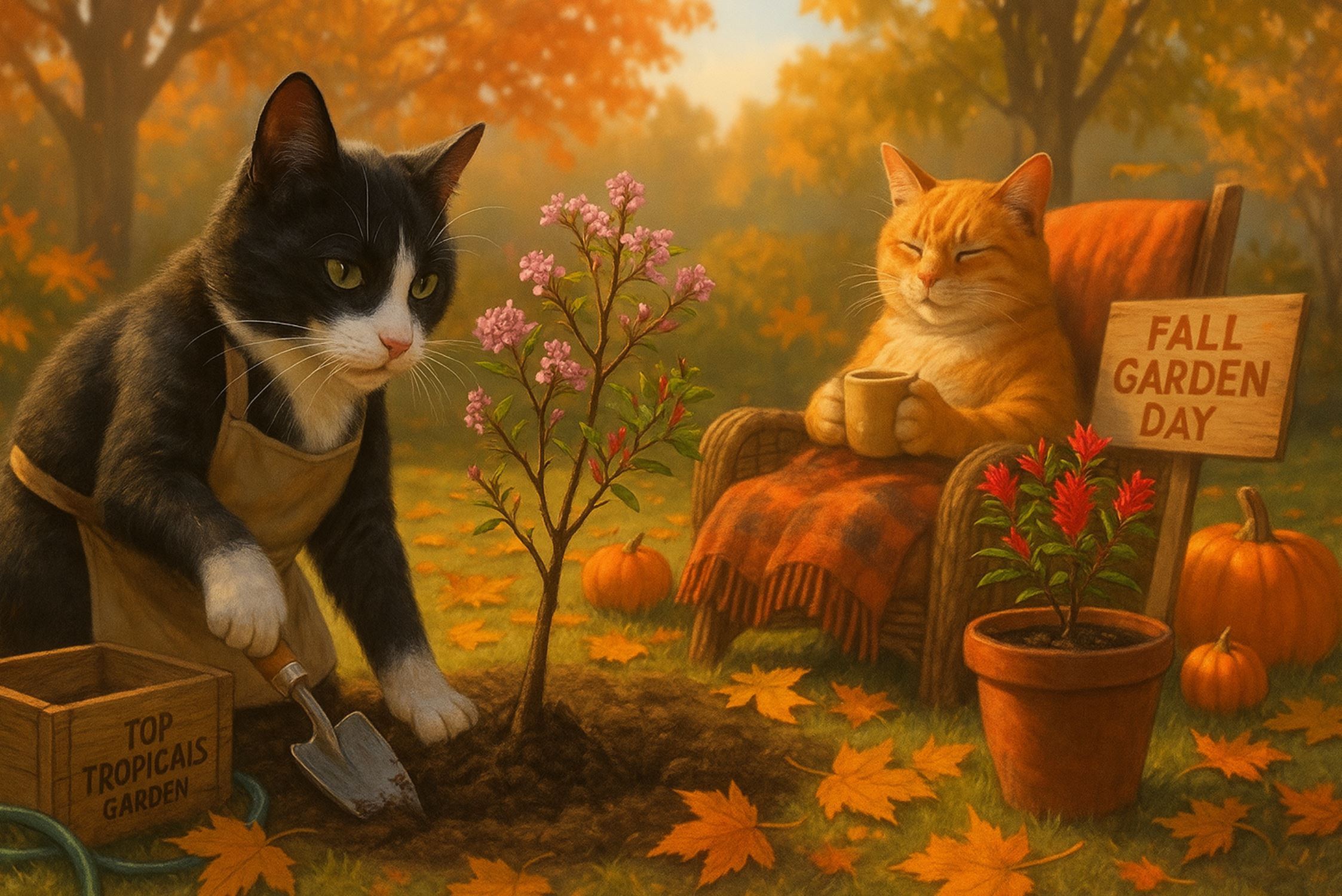 Smokey the tuxedo cat plants a young Bauhinia blakeana tree in the 
ground while Sunshine, a ginger cat, relaxes in a wicker recliner with a cup
 of pumpkin latte. A Callistemon Little John bottlebrush blooms beside him, 
surrounded by pumpkins, autumn leaves, and warm golden 
light.