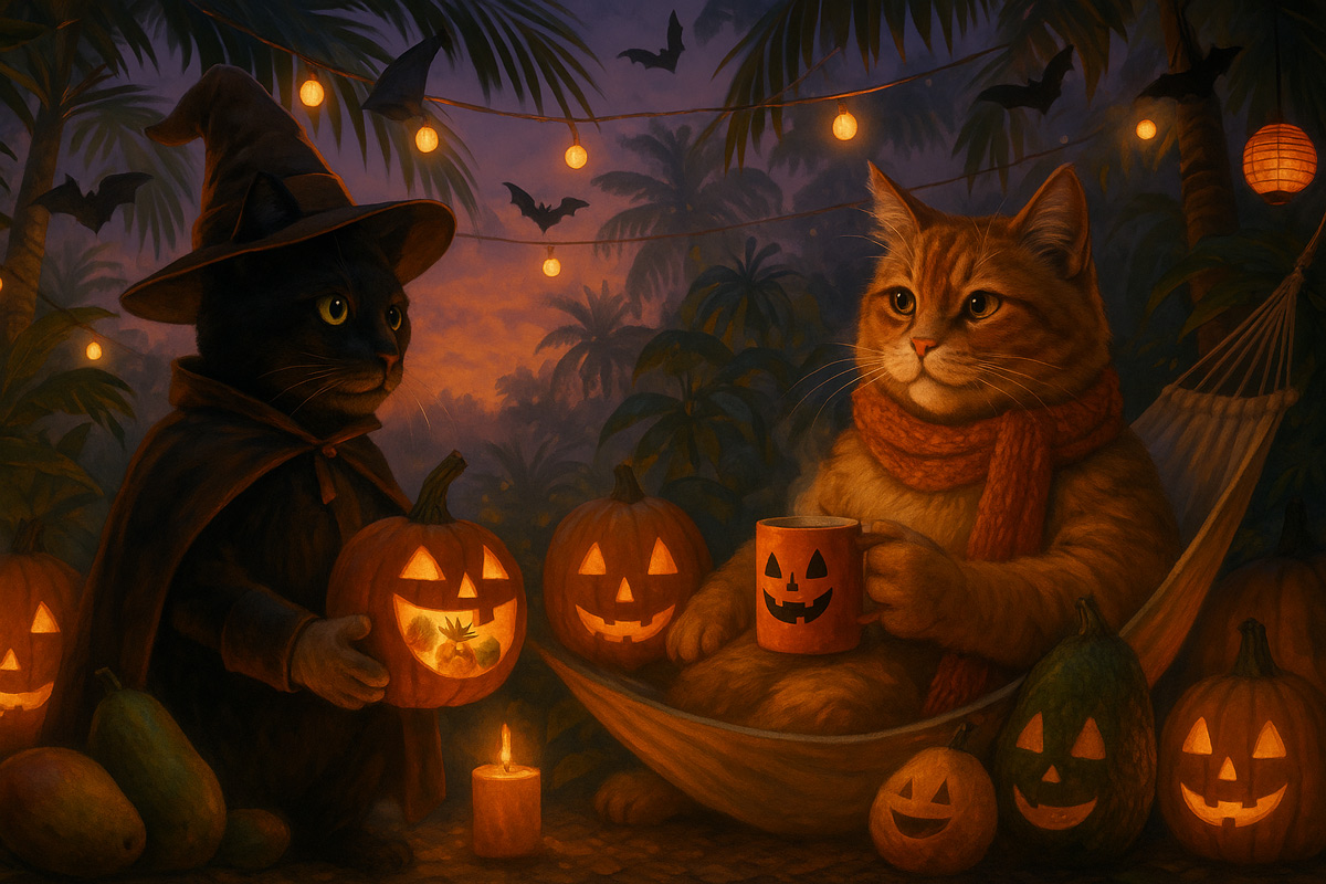 Smokey the black-and-white tuxedo cat stands upright holding a glowing 
jack-o'-lantern filled with tropical fruit, while Sunshine the fluffy ginger
 tabby 
lounges in a hammock under string lights, sipping cocoa. Around them are 
pumpkins, lanterns, and tropical plants under a warm twilight sky.