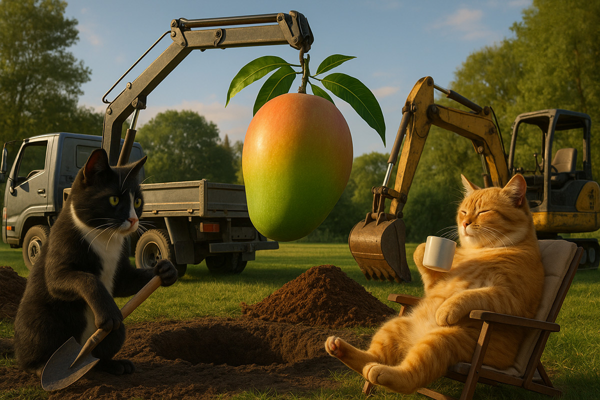 Smokey the tuxedo cat prepares to plant a huge mango while Sunshine the
 ginger tabby relaxes in a reclining chair sipping coffee as a truck with a 
boom crane unloads the mango beside an excavator and a pile of mulch in a 
sunny tropical 
garden.