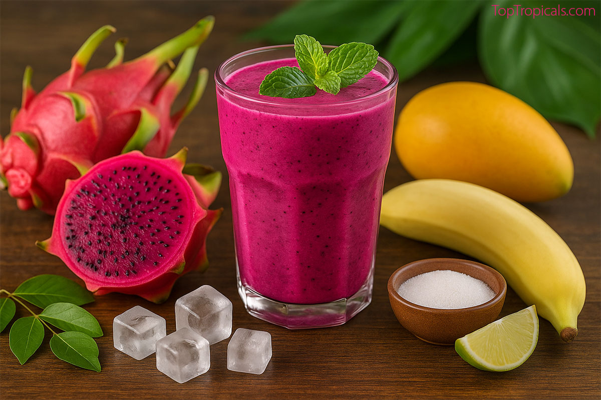 Glass of dragon fruit pitaya smoothie with fresh dragon fruit, banana, 
mango, lime, sugar, and ice 
cubes