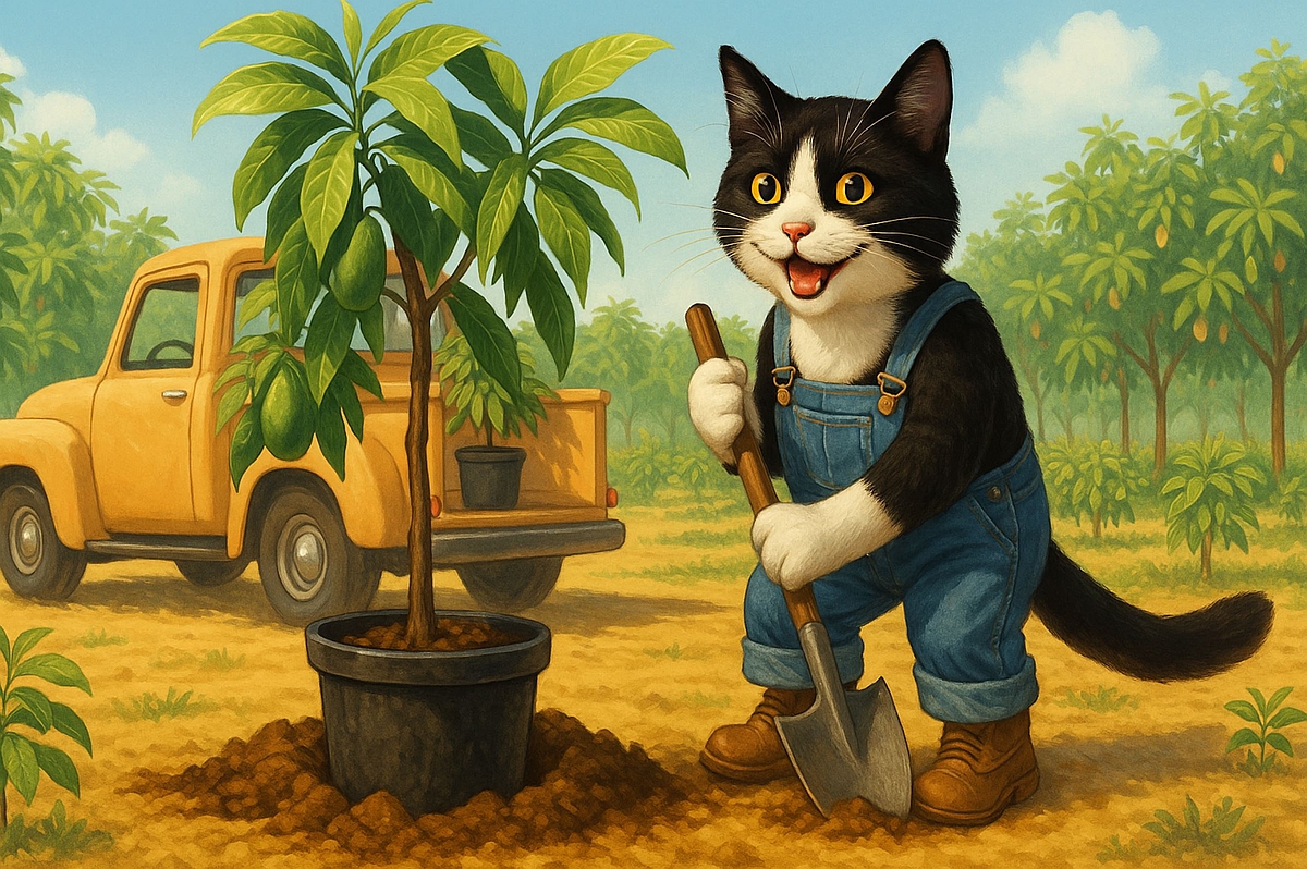 Cat planting a tree - we offer delivery and installation