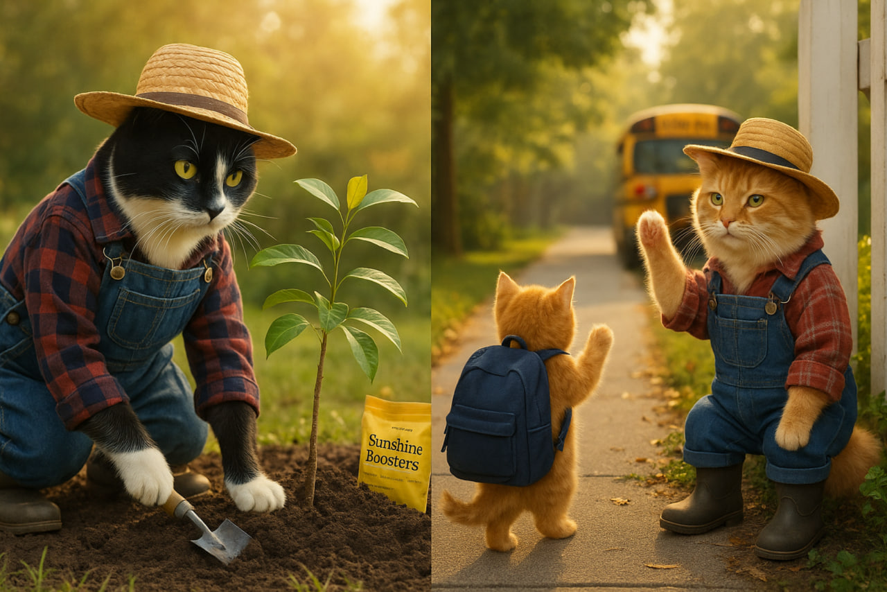 Tuxedo cat planting tropical tree with Sunshine Boosters bag, orange cat waving to kitten with backpack by school bus in sunny garden 
scene.