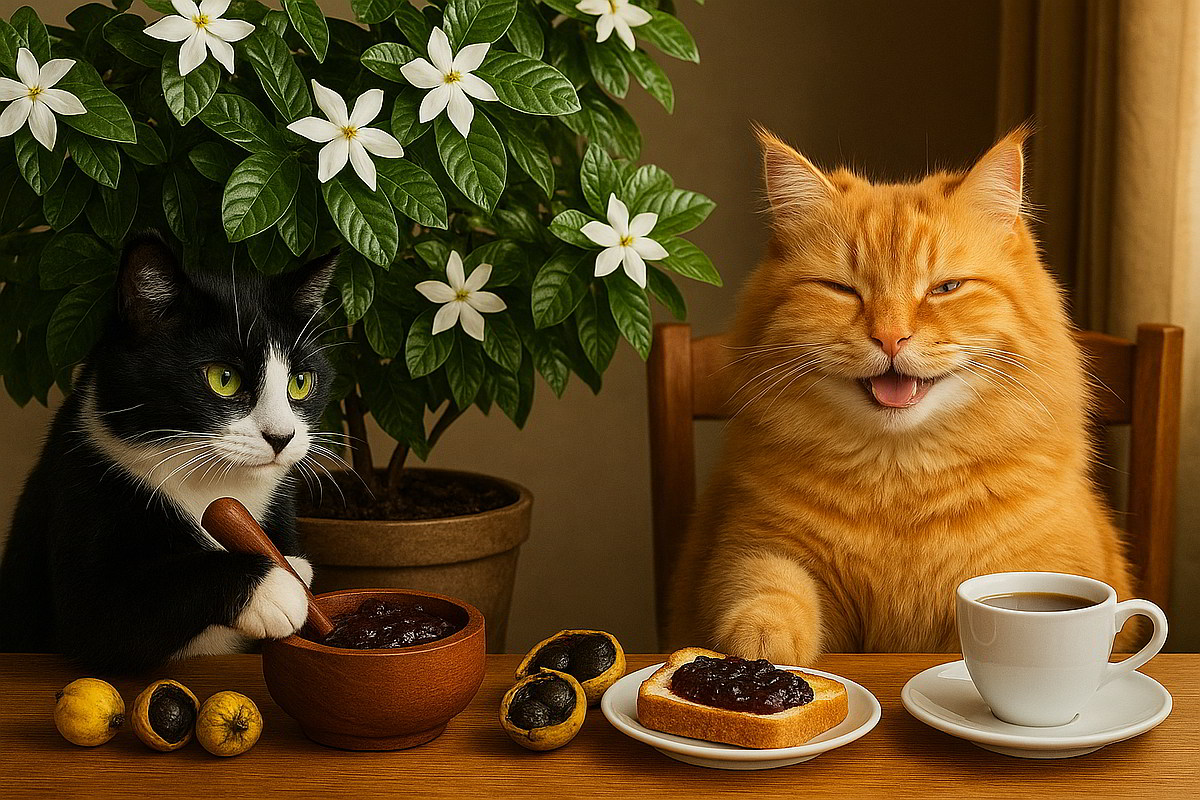 A tuxedo cat making jam from Blackberry Jam Fruit (Randia formosa) while an orange cat smiles in a chair, sipping tea beside a large flowering Randia plant in a cozy, sunlit room.