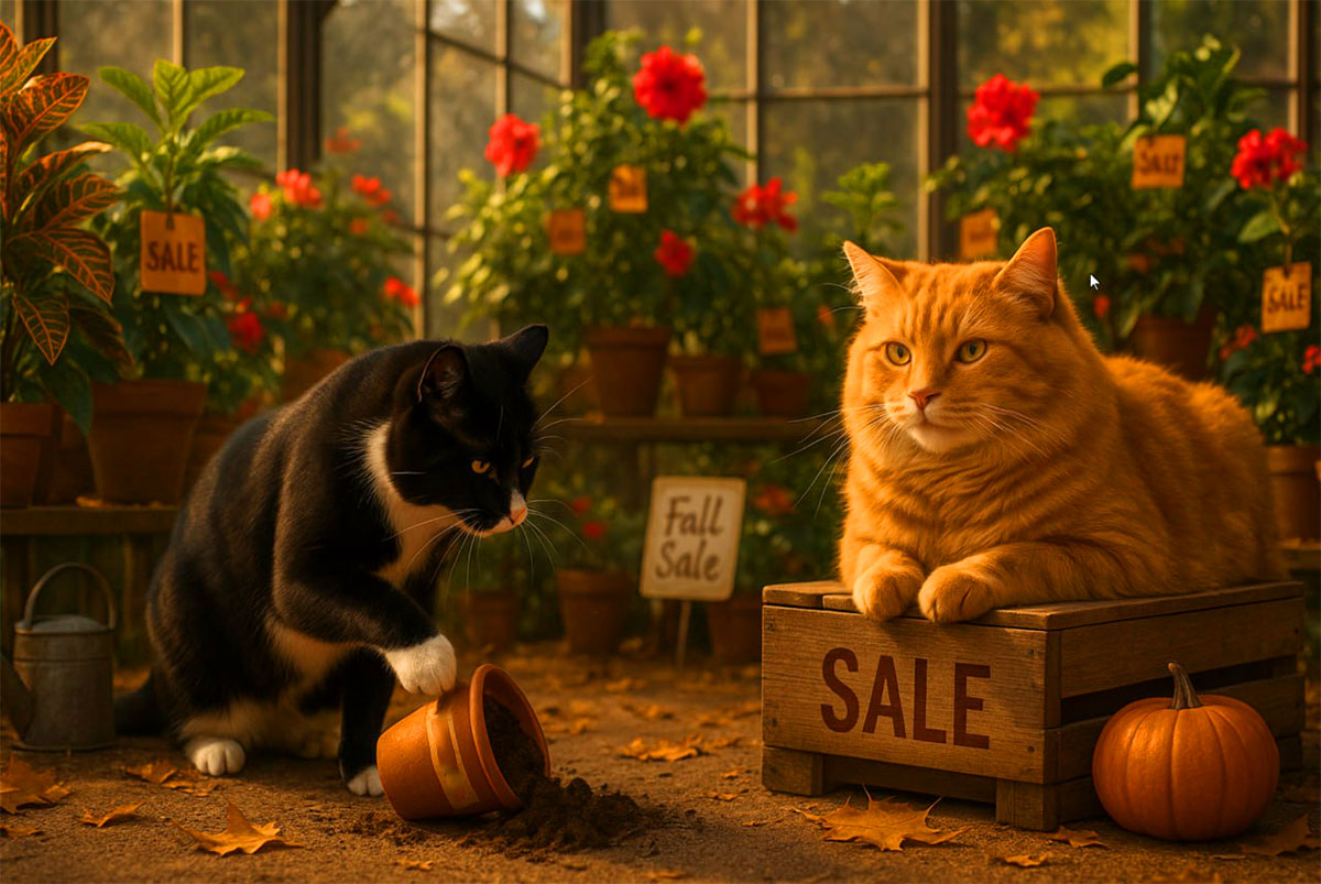 Smokey the tuxedo cat and Sunshine, a ginger cat, running a plant   sale