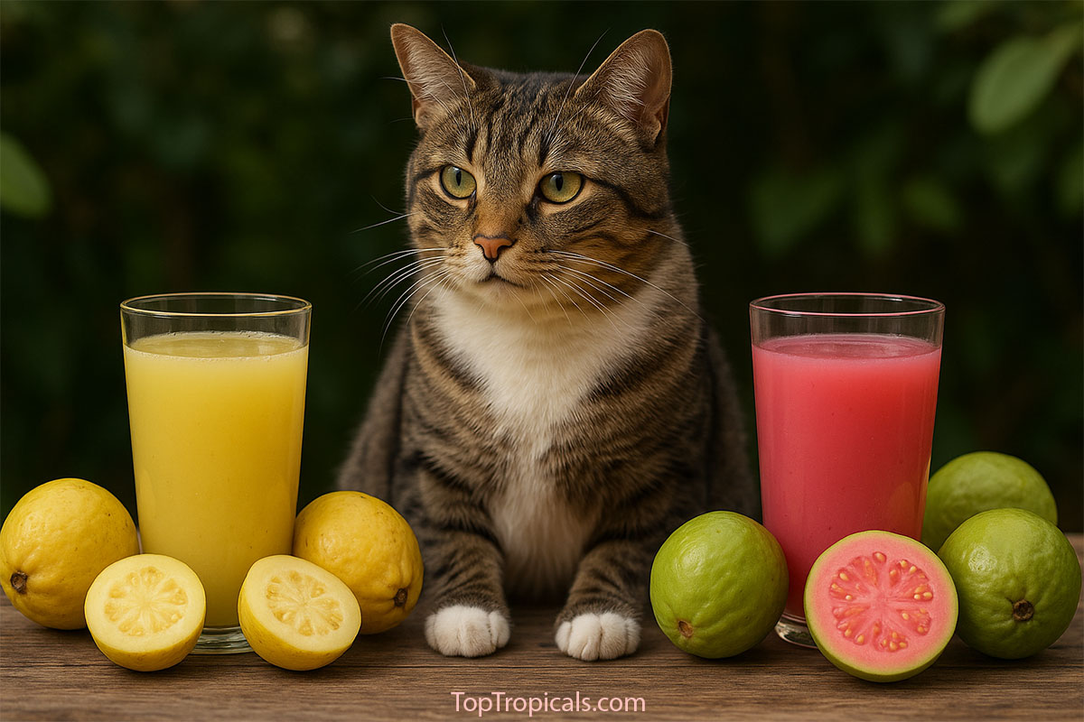 Tabby cat sitting between a glass of yellow guava juice with white 
guavas and a glass of pink guava juice with green guavas and cut pink guava 
fruit.