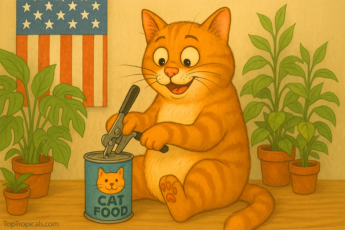 Independent cat on Independence Day opening a can