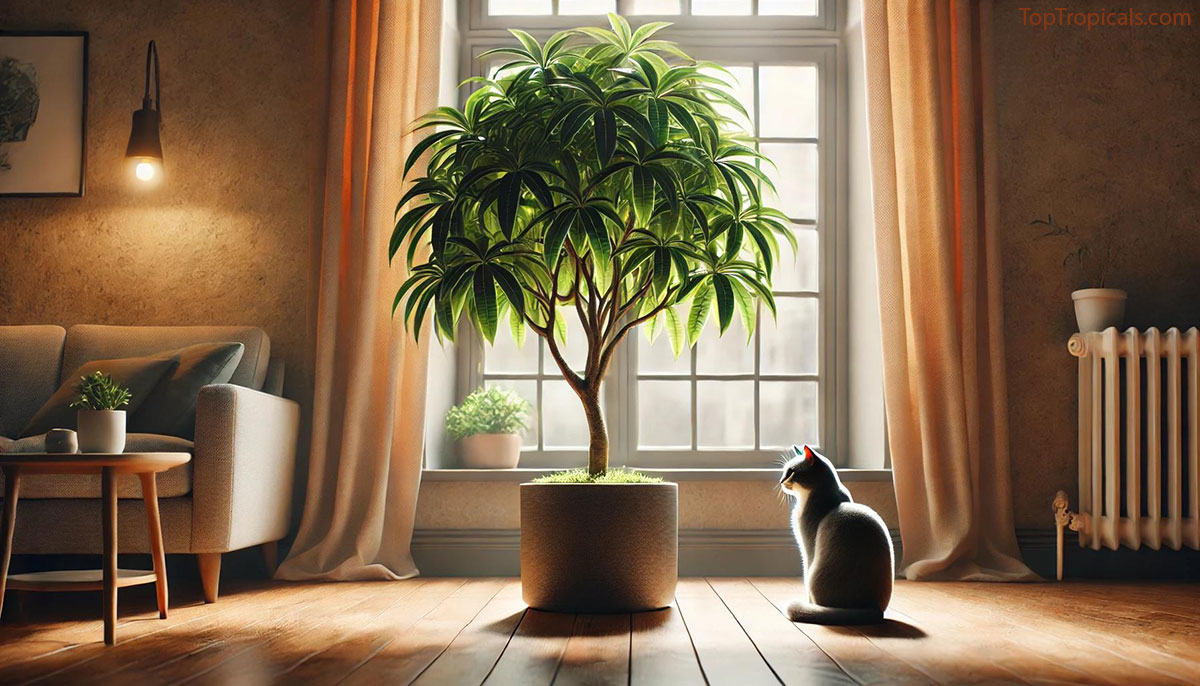 Mango tree indoors with a cat