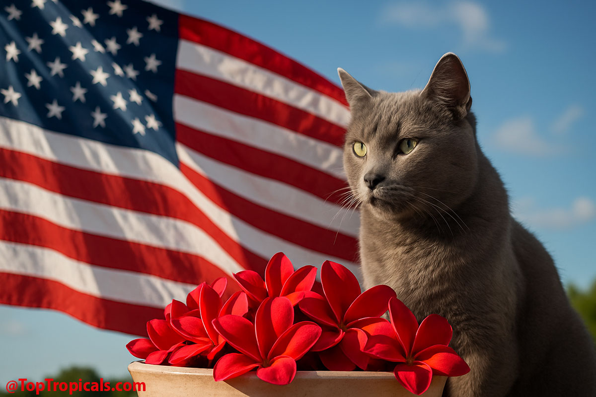 Memorial day Cat with Flag and flowers
