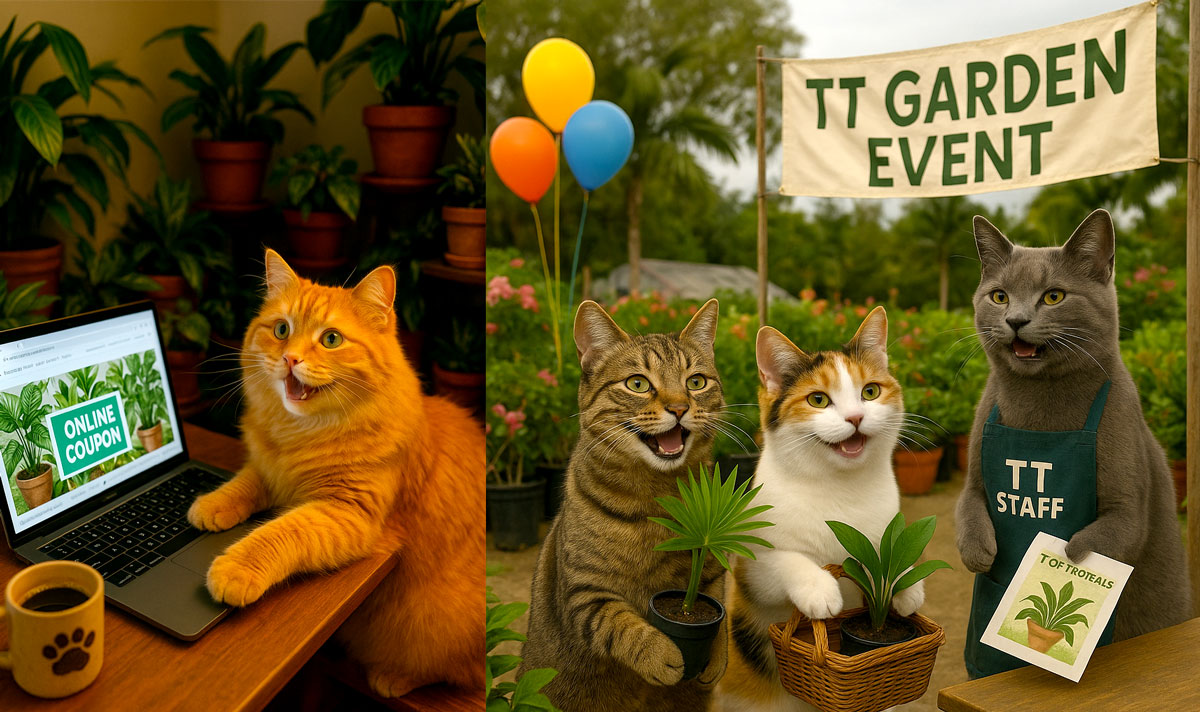 A split image shows two scenes: on the left, a fluffy orange cat at 
home using a laptop with an 'Online Coupon' banner, surrounded by tropical 
plants; on the right, three smiling cats at the Top Tropicals Garden Event, 
with a gray staff cat handing out flyers and two customer cats holding 
potted plants under a festive banner.