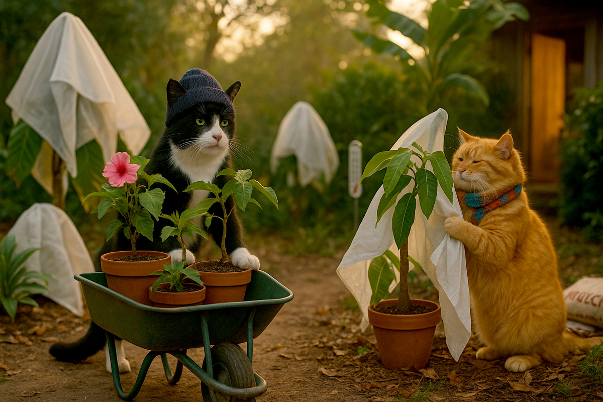 Smokey, a black-and-white tuxedo cat, loads a wheelbarrow with potted
tropical plants while Sunshine, a fluffy orange tabby, pretends to cover a
mango tree with frost cloth as evening light warms the tropical garden.