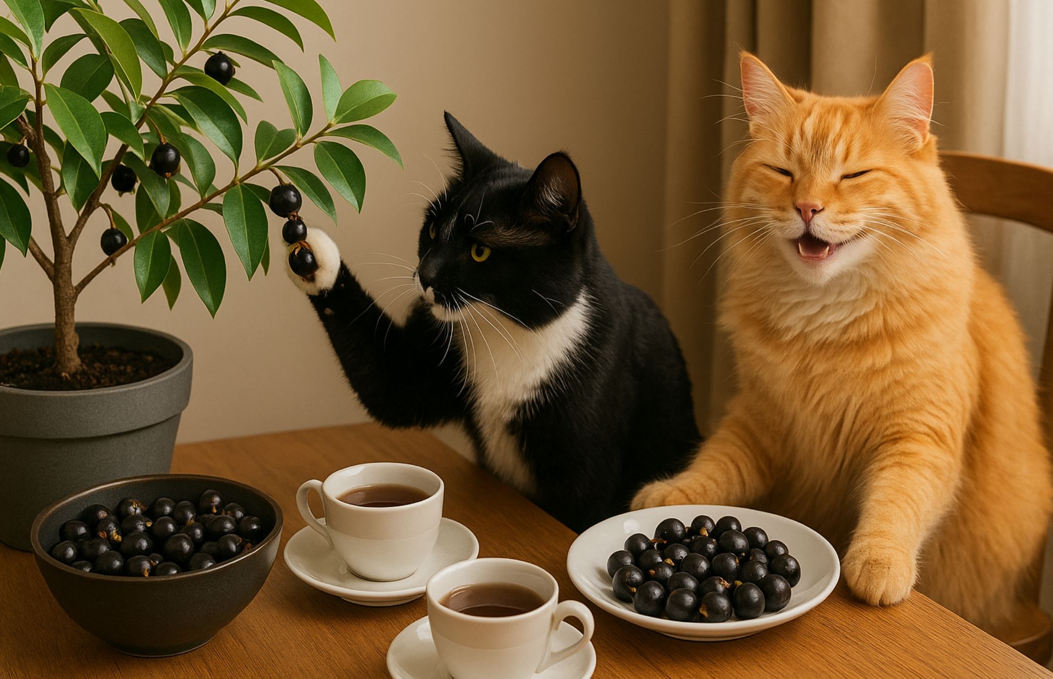 Two cats enjoy Grumichama fruit indoors — a tuxedo cat picks berries from a potted tree while an orange fluffy cat smiles, sitting by tea cups and plates of 
fruit.