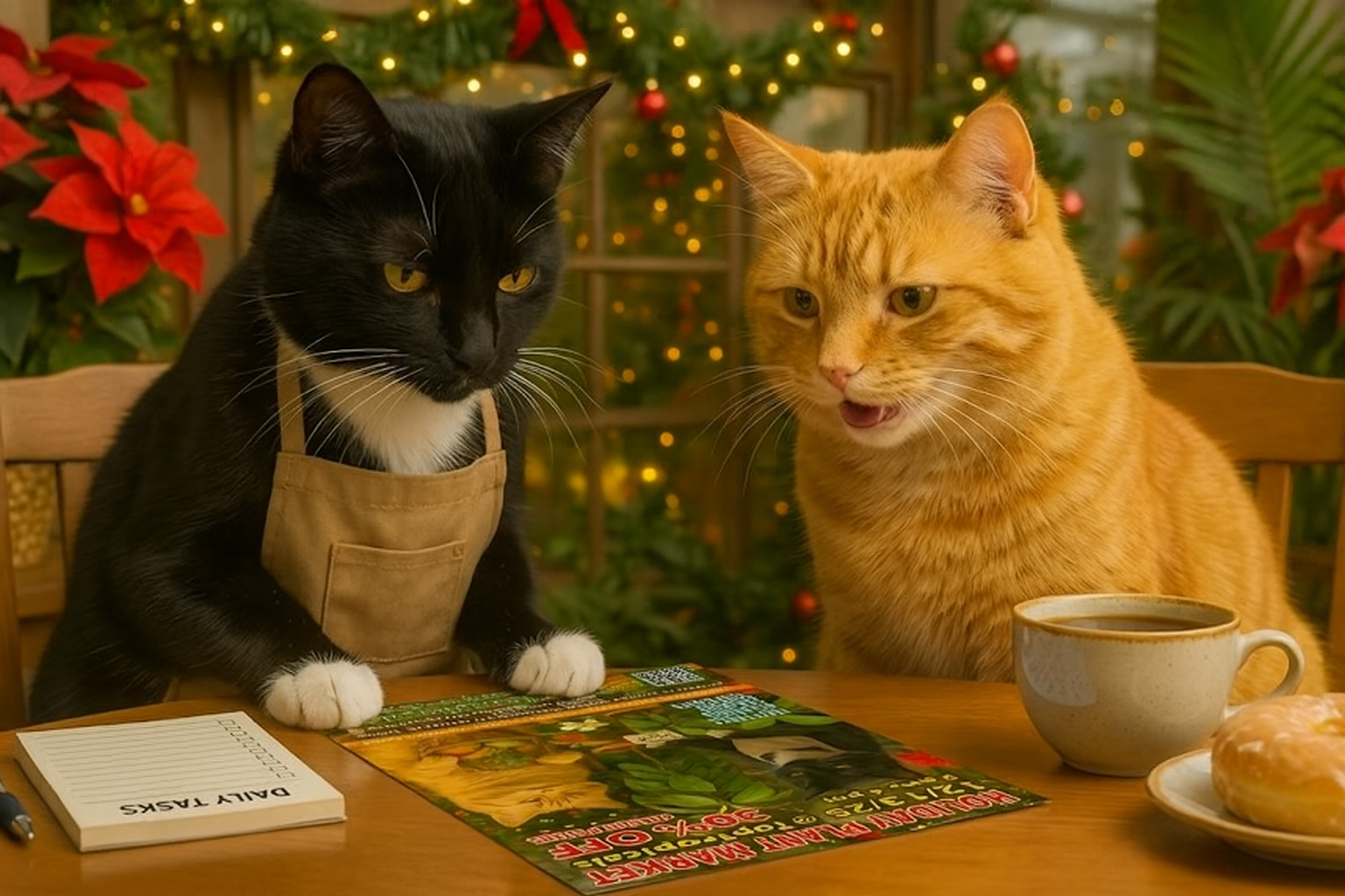 Smokey the tuxedo cat and Sunshine the ginger cat sitting at a table, 
studying a Holiday Plant Market flyer with a notepad, coffee cup, and 
donut.