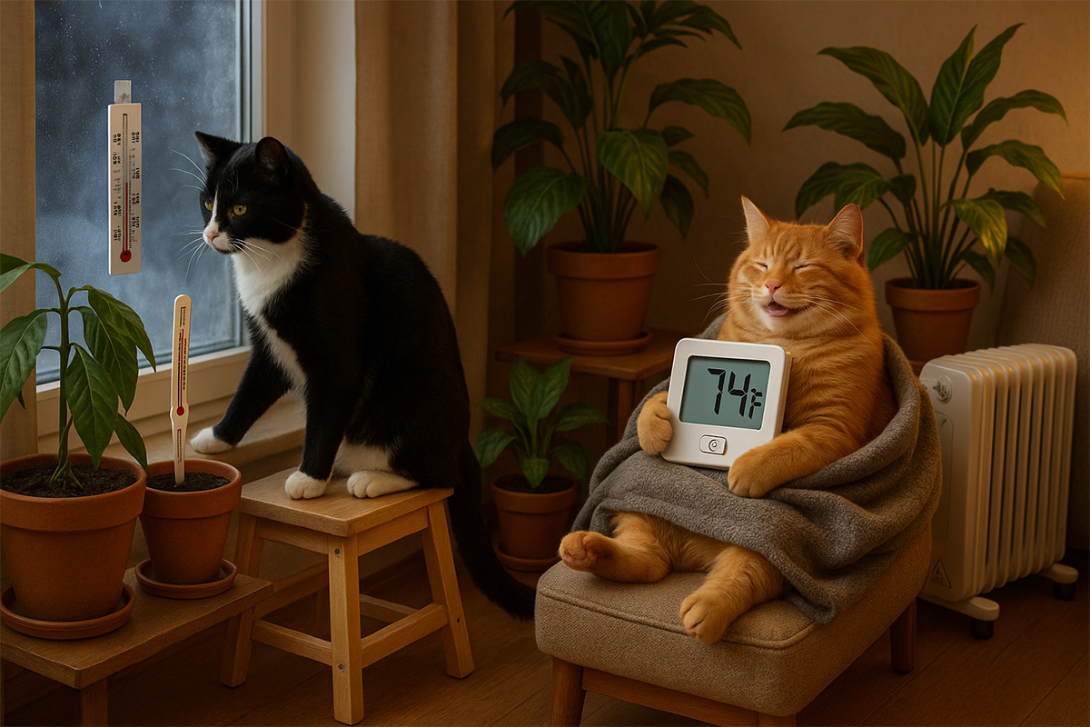Smokey the tuxedo cat checks thermometers by a cold window while Sunshine the ginger tabby relaxes near a heater holding a room thermometer showing 74 F.