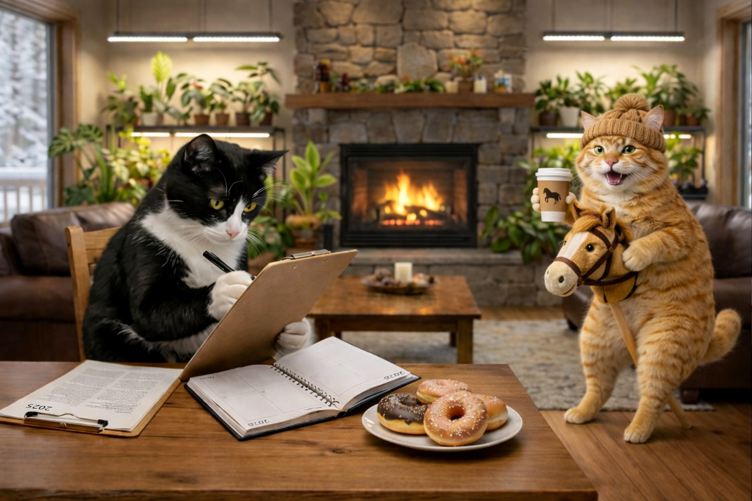 Smokey the tuxedo cat writes gardening plans for 2026 at a table while 
Sunshine the ginger cat rides a hobby horse holding coffee, with donuts, 
plants, and a fireplace in a winter 
room.
