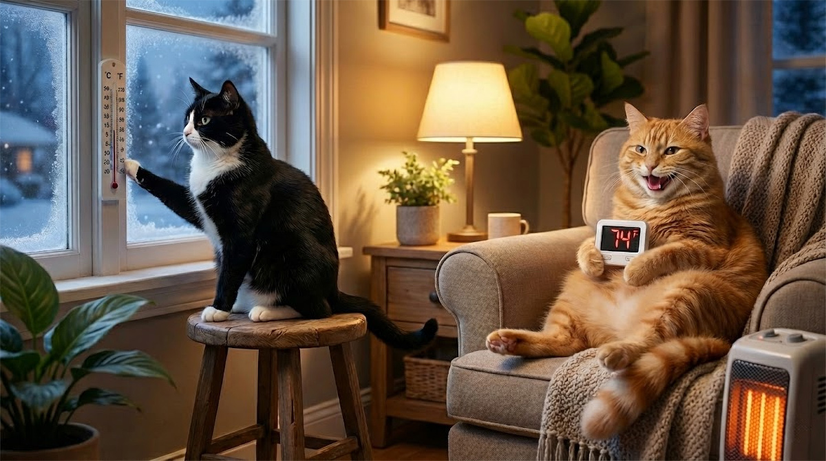 Smokey the tuxedo cat checks thermometers by a cold window while Sunshine the ginger tabby relaxes near a heater holding a room thermometer showing 74 F.