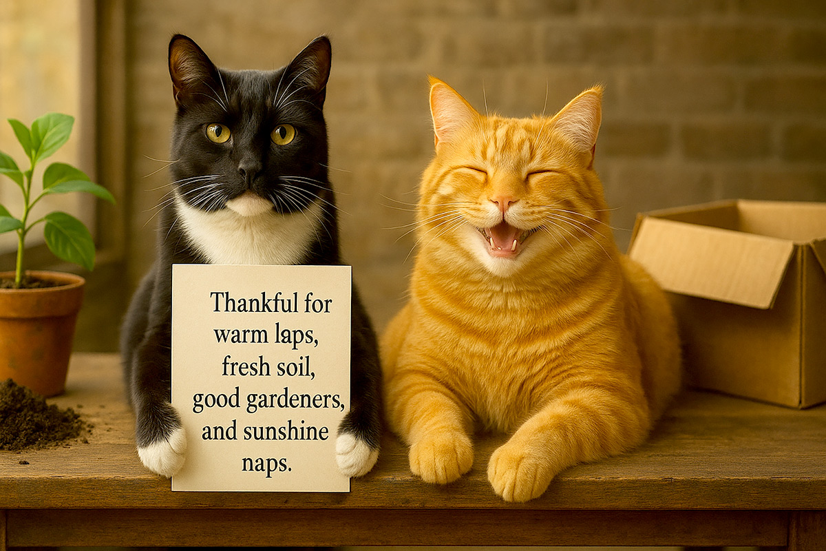 Smokey the tuxedo cat holding a Thanksgiving sign while Sunshine the 
ginger tabby smiles beside him on a potting table.