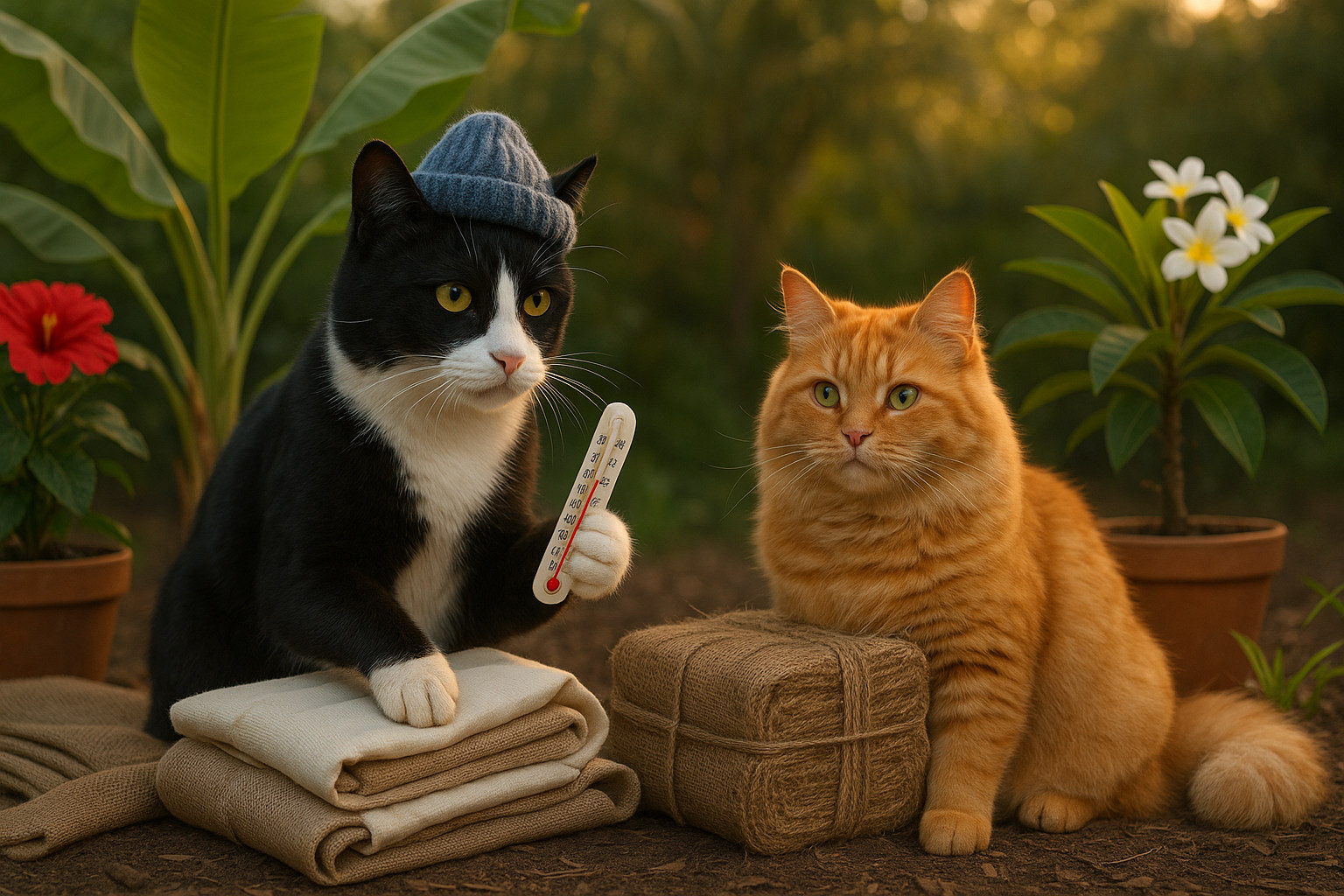 Two cats in a tropical garden at sunset. Smokey, a black-and-white 
tuxedo cat wearing a wool cap, holds a thermometer while Sunshine, a fluffy 
orange tabby, sits beside mulch and folded frost cloths surrounded by banana
 and hibiscus plants.