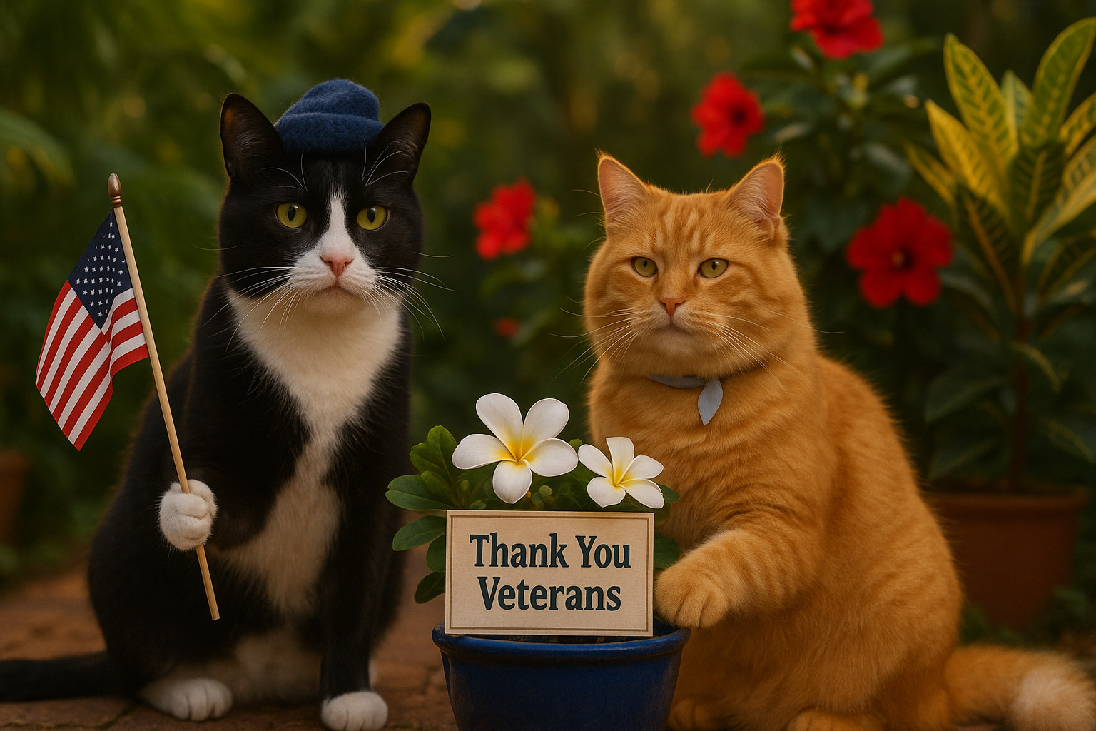 Two anthropomorphic cats in a tropical garden at sunset. Smokey, a 
black and white tuxedo cat wearing a blue cap, holds an American flag. 
Sunshine, a fluffy orange tabby, rests one paw on a blue flower pot with a 
Thank You Veterans sign and white plumeria blooms, surrounded by red 
hibiscus plants.