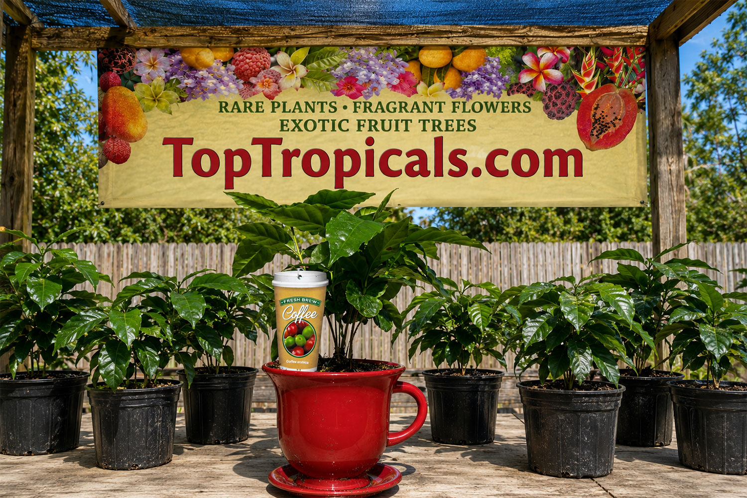 Decorative coffee cup planter with a lush coffee plant, displayed
alongside young coffee plants at the Top Tropicals nursery.