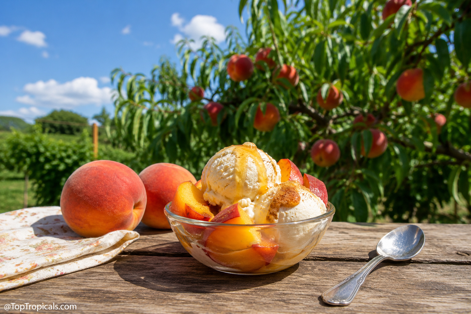 A  bowl  of  sliced  ripe  peaches  topped  with  two  scoops  of  vanilla  ice 
 cream,  drizzled  with  honey  and  lightly  sprinkled  with  cinnamon,  sits  on  a 
 rustic  wooden  table  outdoors.  Fresh  whole  peaches  rest  nearby,  with  a  sunny 
 peach  orchard  full  of  fruit  and  a  bright  blue  sky  in  the 
 background.