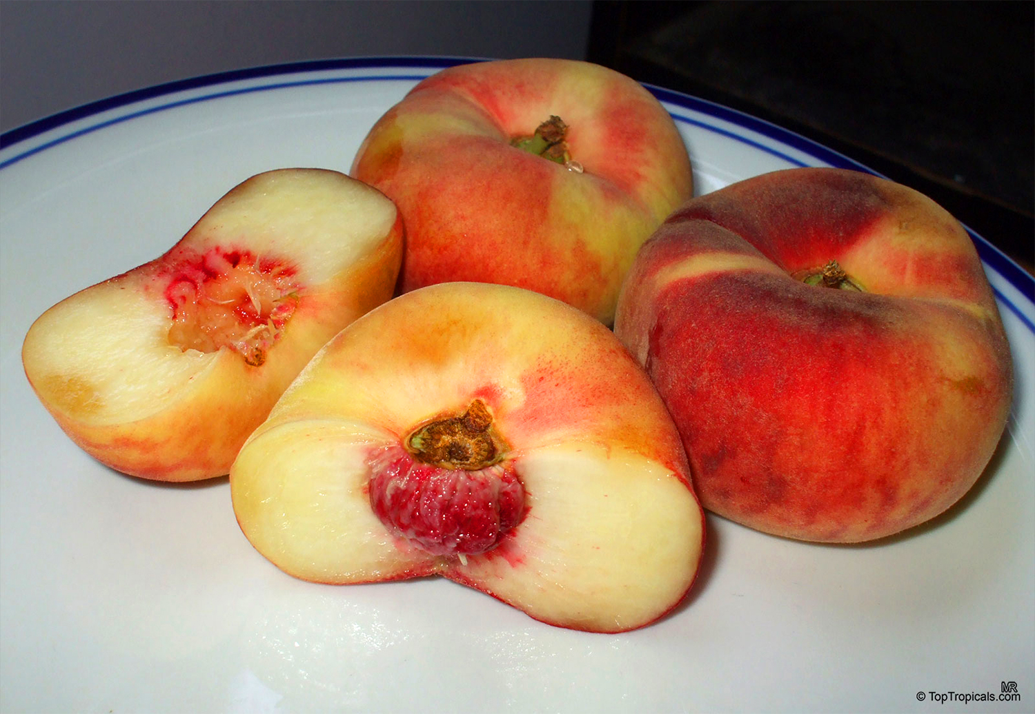 Several  ripe  flat  peaches,  also  known  as  donut  peaches  or  Saturn 
 peaches,  displayed  on  a  white  plate.  Two  peaches  are  cut  open,  showing  the 
 pale  white  flesh  and  small  central  pit  with  pink-red  coloring  around  the 
 seed 
 area.