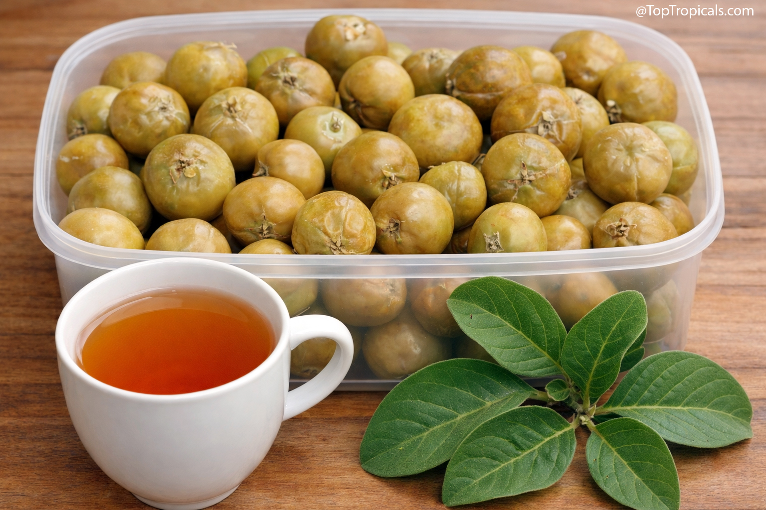 Container filled with ripe Spanish Tamarind (Vangueria infausta) fruit
on a wooden table beside a white cup of amber-colored fruit tea and a sprig
of velvety green leaves.