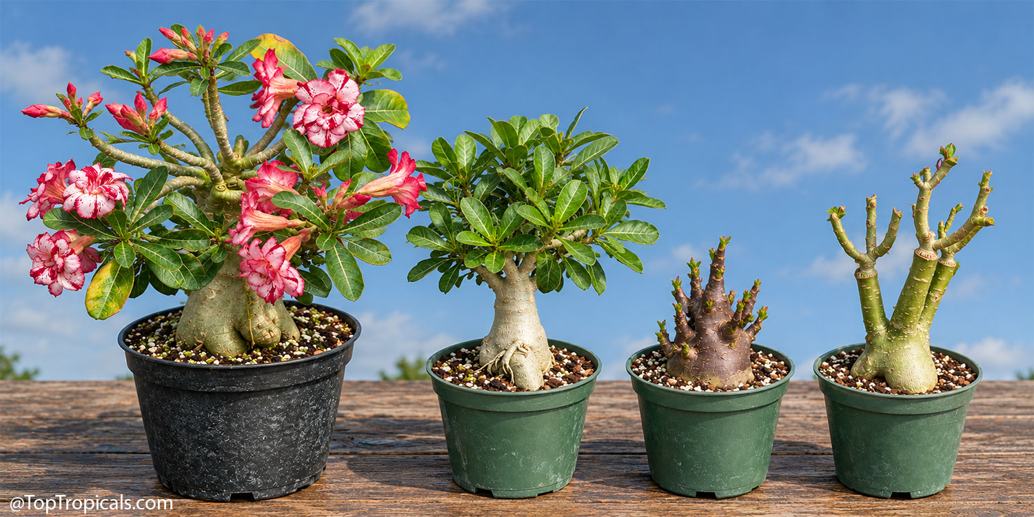 Adeniums  in  several  sizes  and  growth  stages,  from  compact  freshly 
 pruned  plants  to  a  large  leafy,  flowering  specimen,  illustrating  the  range 
 of  plants  available  for 
 shipping.