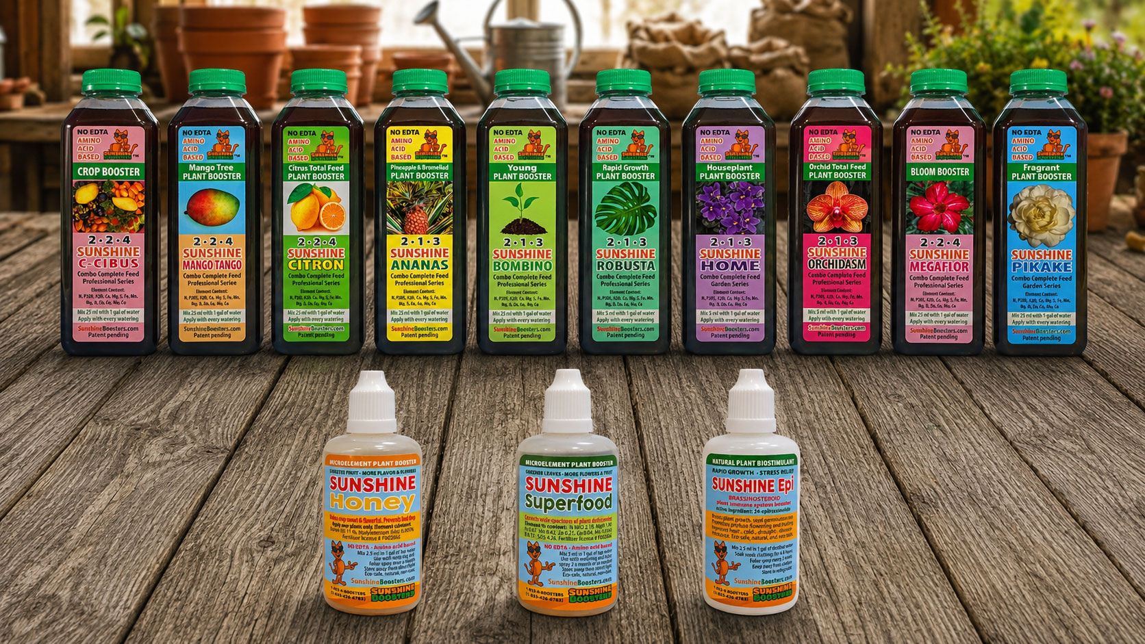 A  complete  lineup  of  Sunshine  Boosters  products  displayed  on  a  rustic 
 wooden  table  in  a  garden  setting.  The  collection  includes  specialized  amino 
 acid-based  fertilizers  for  fruit  trees,  ornamentals,  orchids,  houseplants, 
 seedlings,  and  flowering  plants,  along  with  Sunshine  Honey,  Sunshine 
 Superfood  micro-elements,  and  Sunshine  Epi 
 biostimulant.