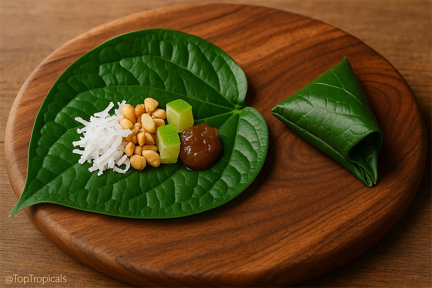 Fresh betel leaves (Piper betle) with coconut, peanuts, lime and a
sweet-savory filling, shown ready to fold into a traditional betel leaf
parcel.