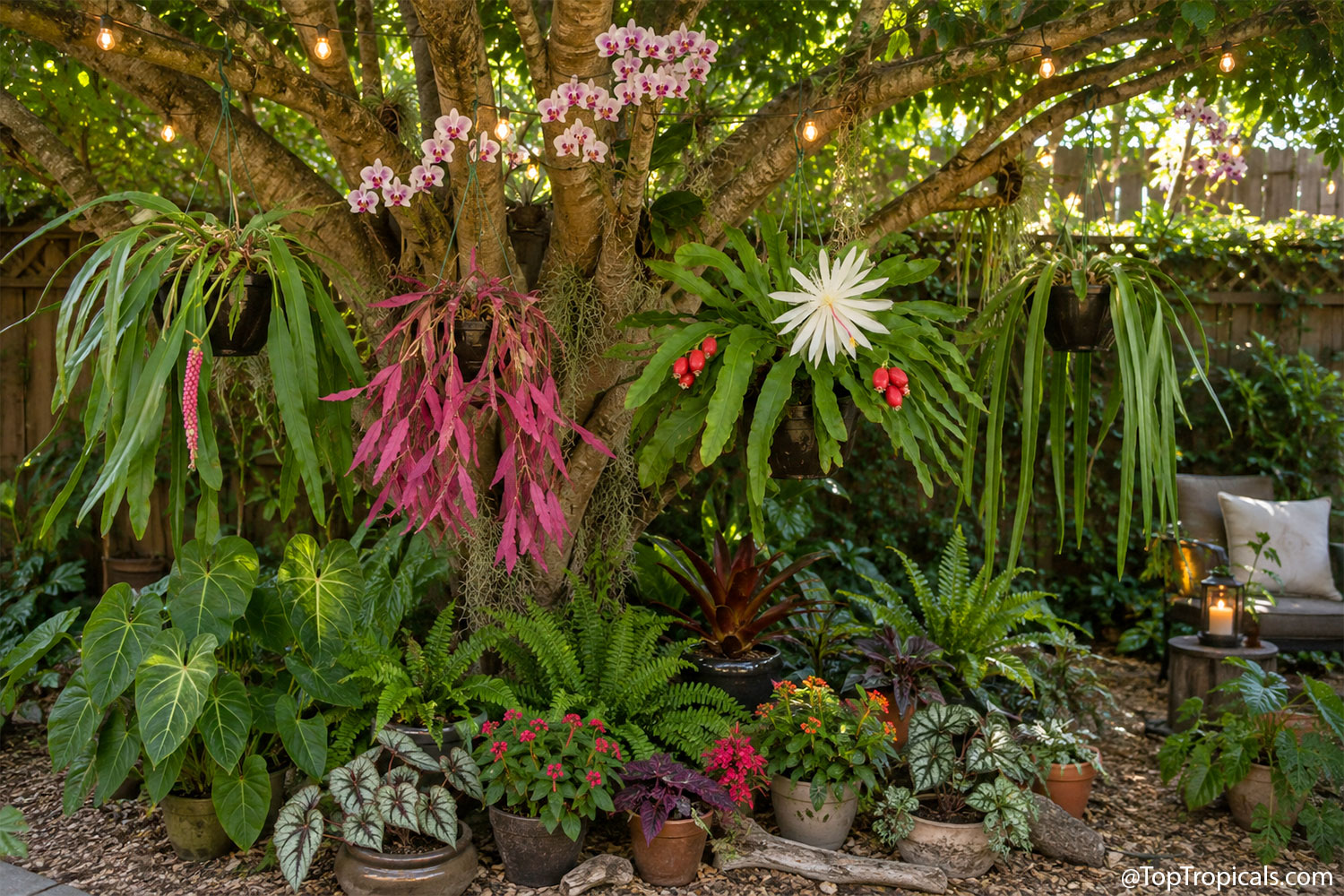 Shade  tree  decorated  with  mounted  orchids  and  hanging  baskets  of 
 Anthurium  vittariifolium,  Rhipsalis  ramulosa,  and  Epiphyllum  hookeri, 
 creating  a  lush  vertical  tropical 
 garden.