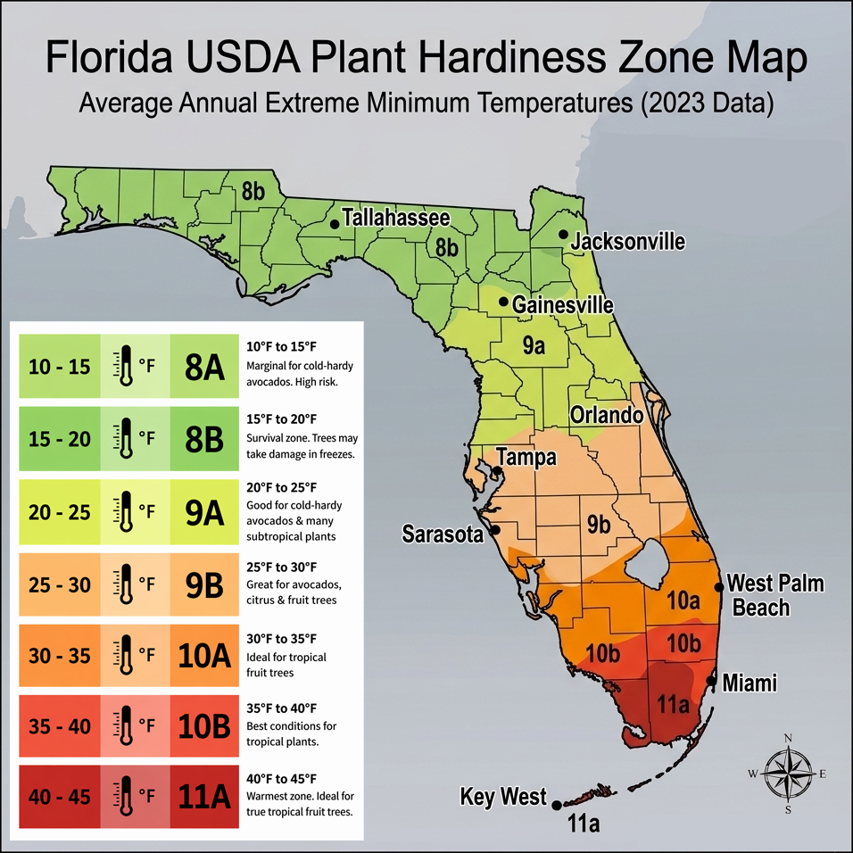 Florida  USDA  plant  hardiness  zone  map  showing  zones  8a  through  11a  with
    temperature  ranges