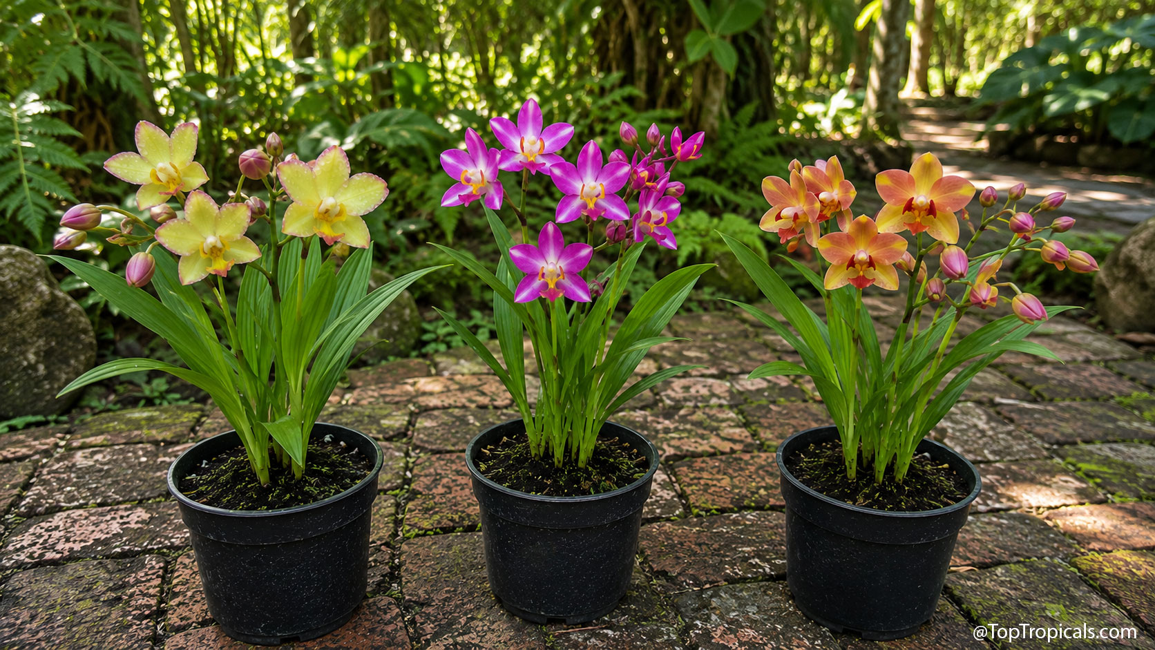 Three  potted  ground  orchids,  each  a  different  variety,  displayed  in  a 
 lush  tropical  garden.  The  plants  feature  elegant  strap-like  green  foliage 
 and  abundant  blooms  in  soft  yellow  with  pink  edges,  vibrant  magenta,  and 
 warm  orange-gold,  illustrating  the  diversity  and  beauty  of  terrestrial 
 orchids  grown  in 
 containers.
