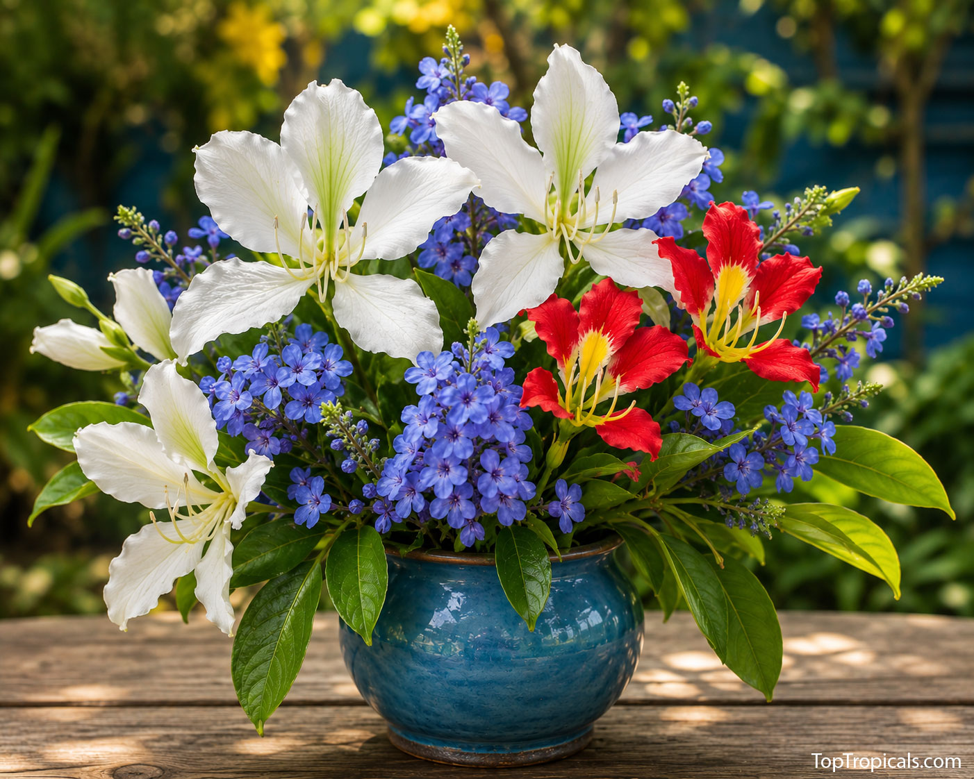 A vibrant bouquet of tropical flowers in a glossy blue ceramic vase   sits on a rustic wooden table in a sunlit garden. The arrangement features   large white orchid tree flowers (Bauhinia alba), smaller scarlet Madagascar   orchid tree blossoms (Bauhinia madagascariensis) with golden centers, and   clusters of blue lead flowers (Eranthemum pulchellum), creating a striking   red, white, and blue display celebrating America's 250th anniversary.