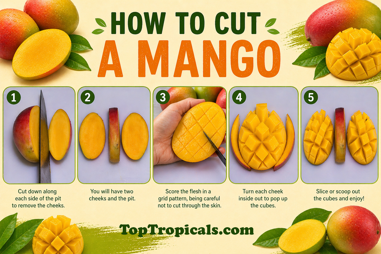 Landscape  infographic  showing  how  to  cut  a  mango  in  five  steps.  Step  1 
 -  slicing  along  each  side  of  the  pit.  Step  2  -  separating  the  two  cheeks  and
    the  pit.  Step  3  -  scoring  the  mango  flesh  in  a  grid  pattern.  Step  4  - 
 turning  the  cheek  inside  out  to  create  cubes.  Step  5  -  scooping  or  slicing 
 the  cubes  to  eat.  Bright  yellow  background  with  whole  and  cut  mangoes  and 
 green  leaves  decorating  the  layout.