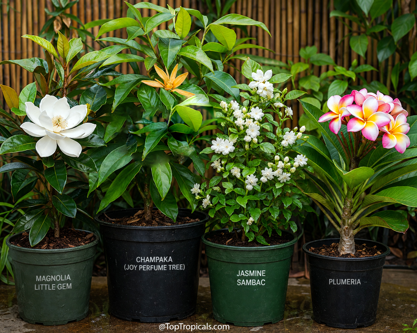 Four  potted  tropical  plants  in  bloom  -  Magnolia  Little  Gem,  Champaka, 
 Jasmine  Sambac,  and  Plumeria  -  arranged  on  gravel  in  a  garden  setting 
 against  a  light 
 fence.