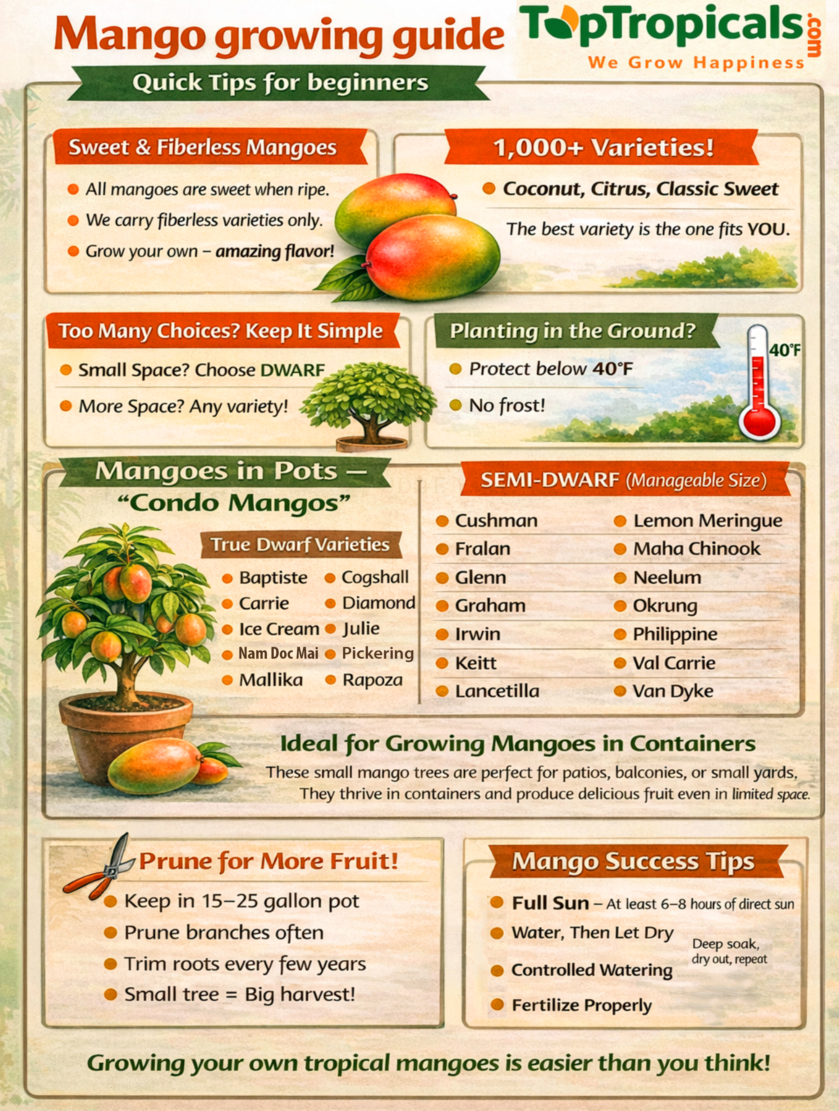 Educational  infographic  titled  mango  growing  guide  showing  beginner 
 tips  for  growing  mango  trees,  including  sweet  fiberless  varieties,  dwarf  and
    semi-dwarf  options  for  containers,  planting  tips,  pruning  advice,  watering,
    sunlight,  and  fertilizing  recommendations,  with  illustrated  mango  trees  and
    fruit.