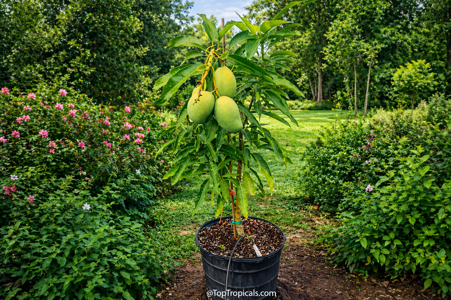 Young  mango  tree  growing  in  a  large  black  nursery  pot,  supported  with 
 stakes  and  drip  irrigation,  bearing  several  green  mango  fruits,  set  in  a 
 lush  garden  with  flowering  shrubs  and  a  sunny  lawn  in  the  background.