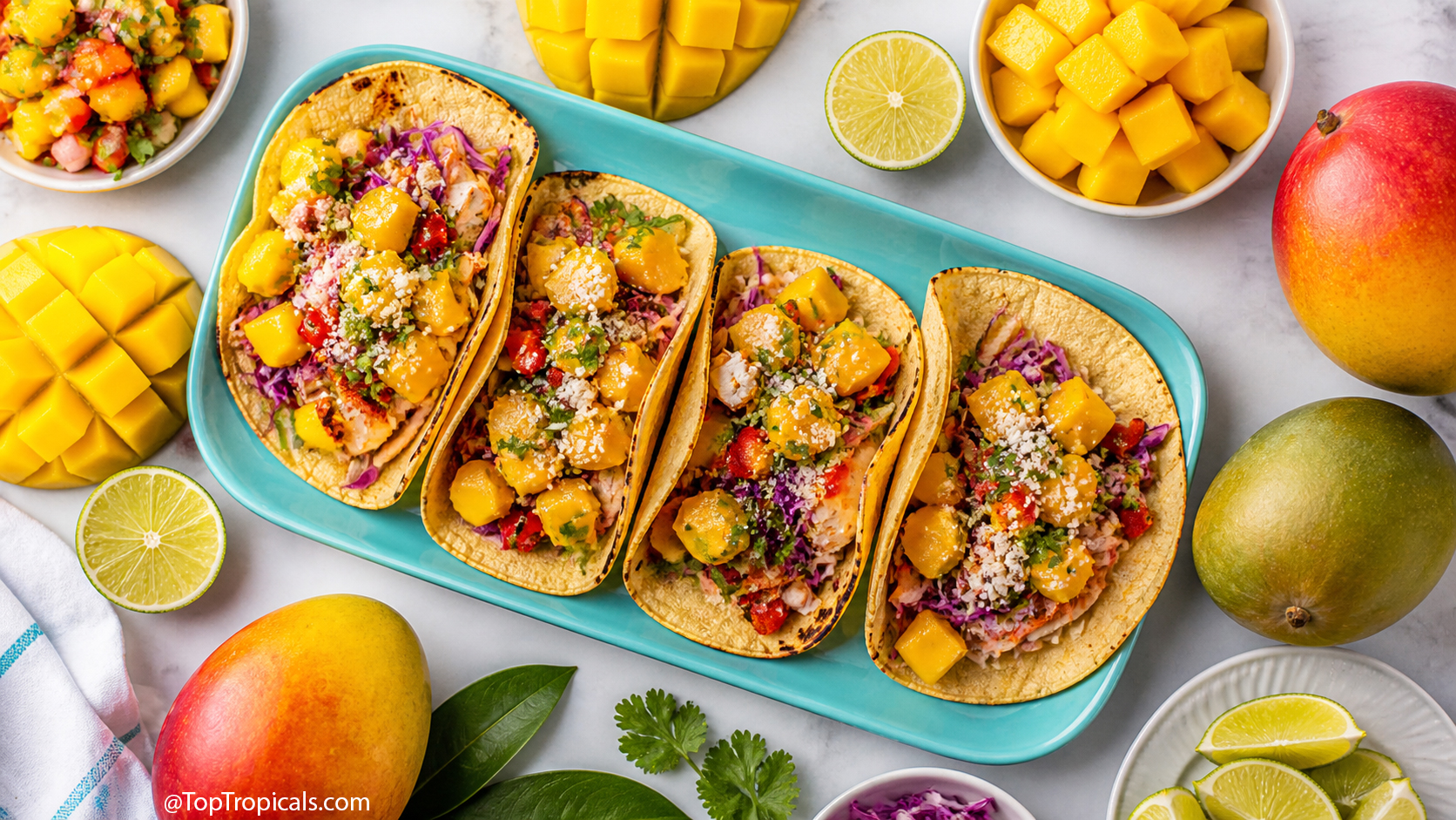Fresh  mango  tacos  loaded  with  juicy  chunks  and  bright  toppings, 
 surrounded  by  whole  and  sliced  mangoes  for  that  tropical  feel.